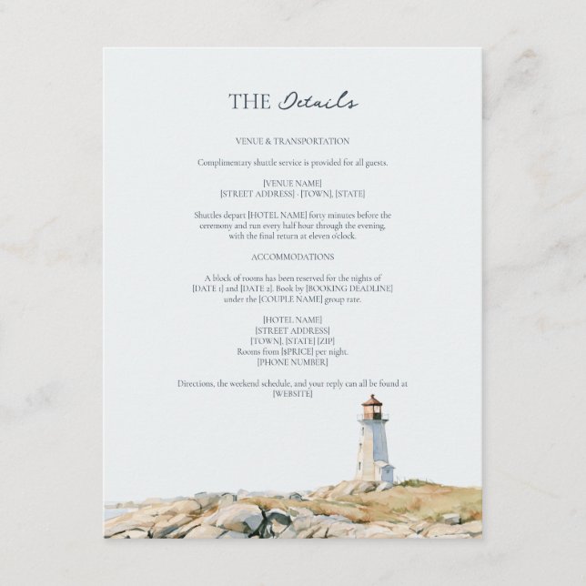 Nautical Lighthouse Shore Serif Wedding Details  Enclosure Card (Front)