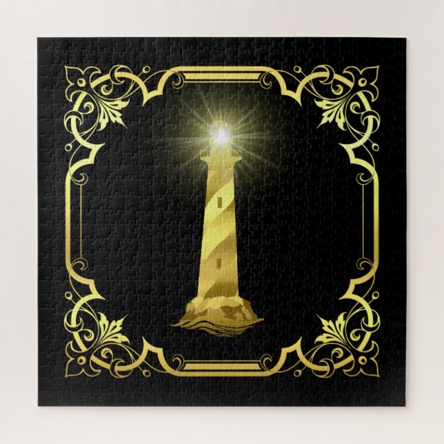 Nautical lighthouse silhouette/gold/black/black jigsaw puzzle (Vertical)