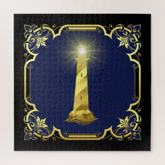 Nautical lighthouse silhouette/gold/black/navy jigsaw puzzle