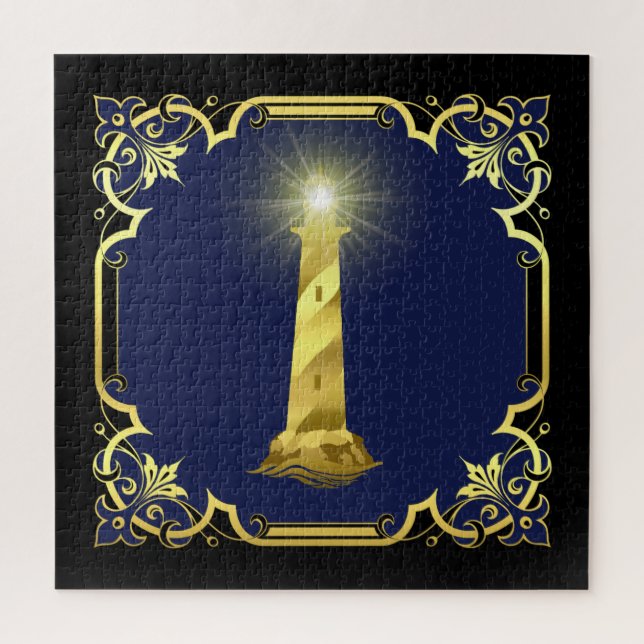 Nautical lighthouse silhouette/gold/black/navy jigsaw puzzle (Vertical)