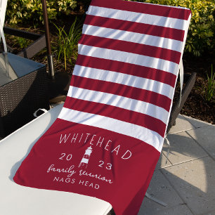 Nautical Lighthouse Stripe Red Monogram Beach Towel