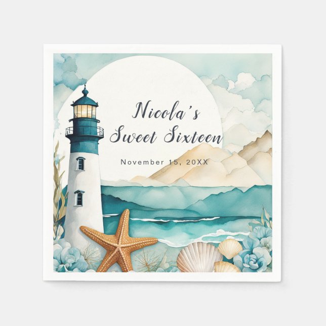 Nautical Lighthouse Sweet Sixteen Birthday Napkin (Front)