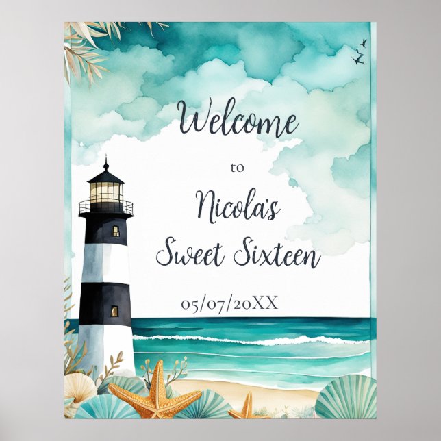 Nautical Lighthouse Sweet Sixteen Birthday Poster (Front)