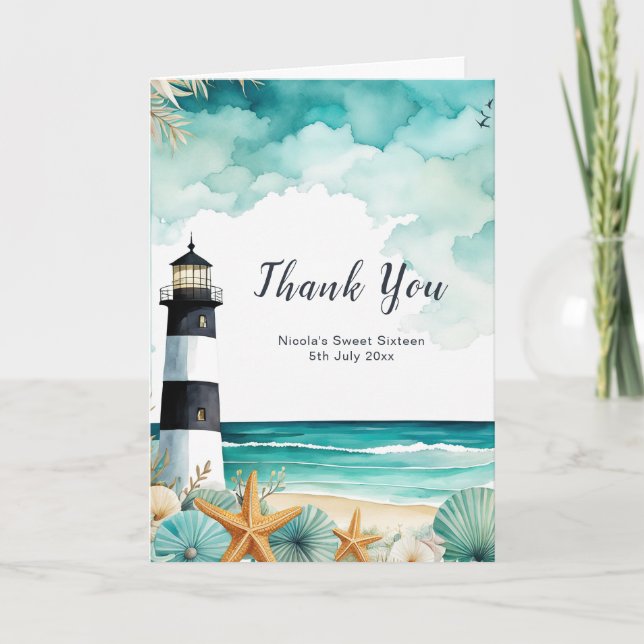 Nautical Lighthouse Sweet Sixteen Birthday Thank You Card (Front)