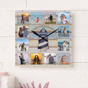Nautical Lighthouse Vintage Wood 12-photo Collage Square Wall Clock