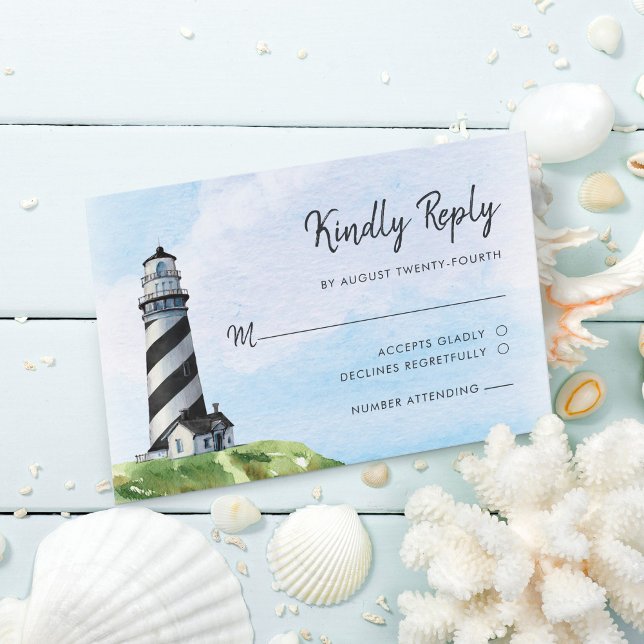 Nautical Lighthouse Watercolor Modern Wedding RSVP Card (Creator Uploaded)