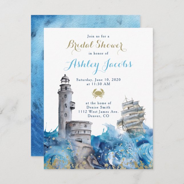 Nautical Lighthouse Waves Ship Bridal Shower Invitation (Front/Back)