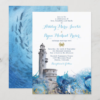 Nautical Lighthouse Waves Wedding Invitation