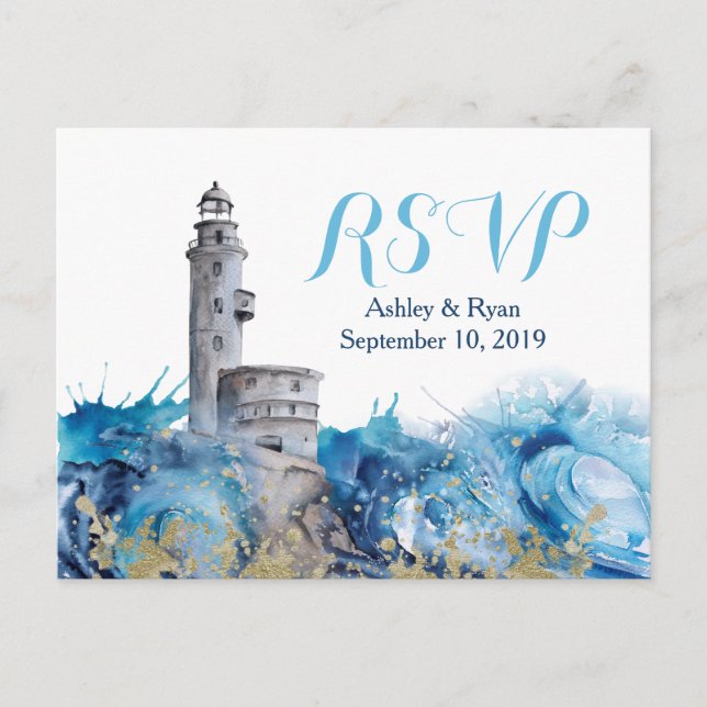 Nautical Lighthouse Waves Wedding RSVP Invitation Postcard (Front)