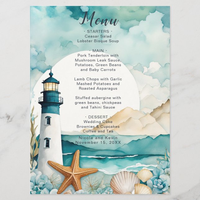 Nautical Lighthouse Wedding  Menu (Front)