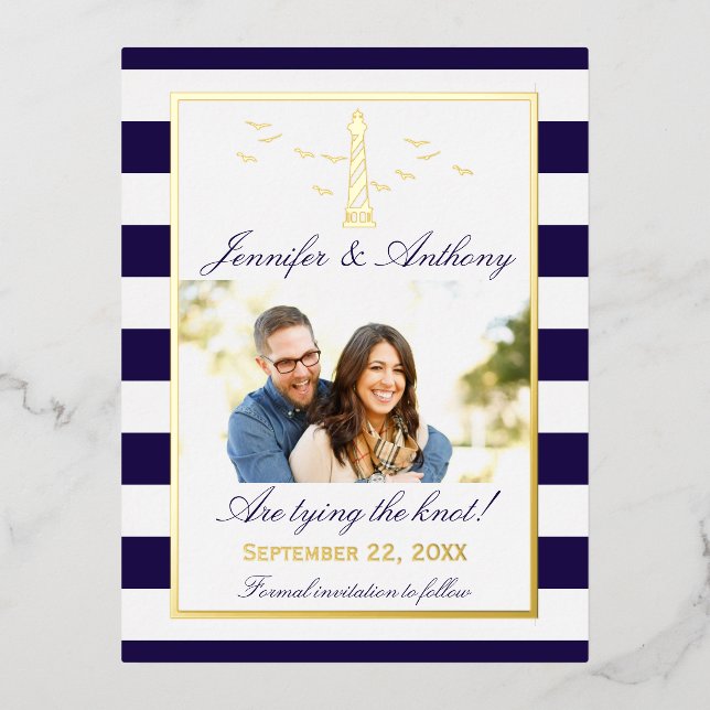 Nautical Lighthouse Wedding Photo Save The Date Foil Invitation Postcard (Front)
