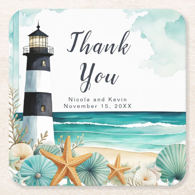 Nautical Lighthouse Wedding  Square Paper Coaster (Front)