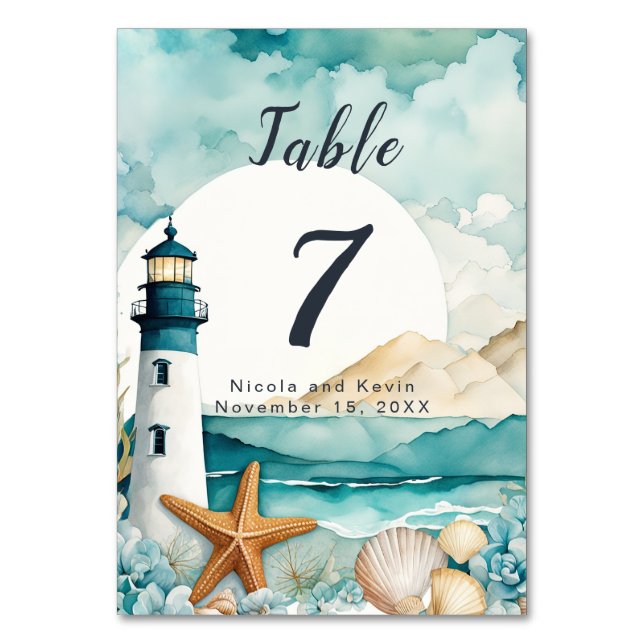 Nautical Lighthouse Wedding  Table Number (Front)