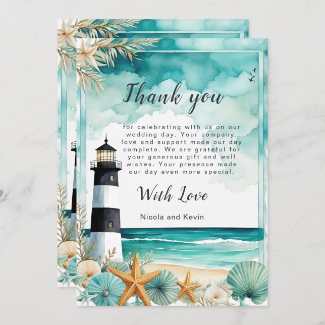 Nautical Lighthouse Wedding Thank You Card (Front/Back)