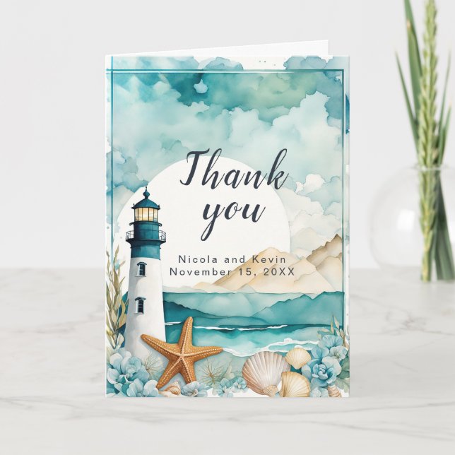 Nautical Lighthouse Wedding Thank You Card (Front)
