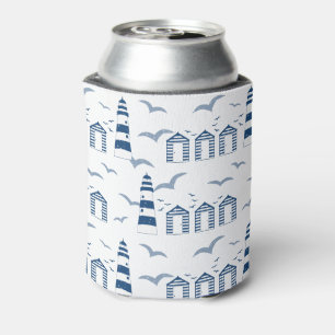 Nautical Lighthouses and Beach Huts Blue White Can Cooler