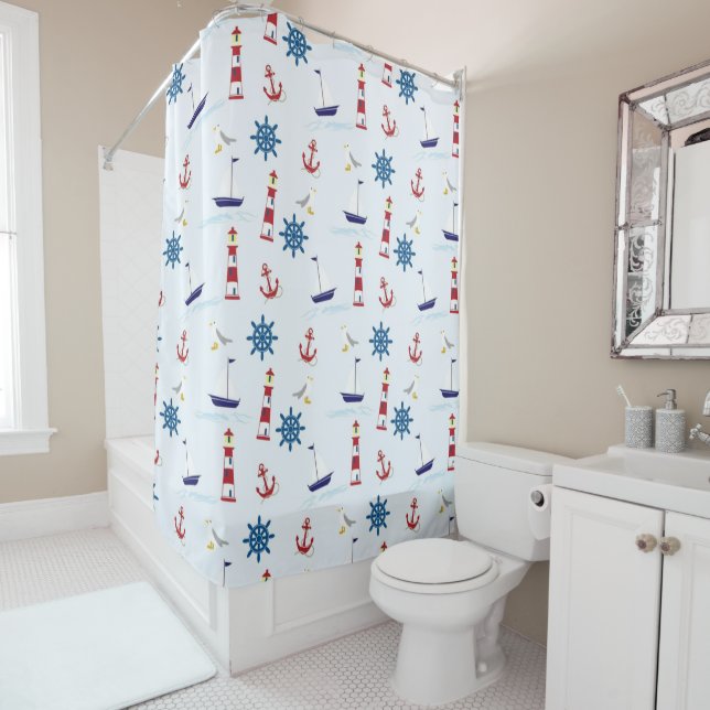 Nautical Lighthouses, Boats, Anchor Ocean Themed  Shower Curtain (In Situ)