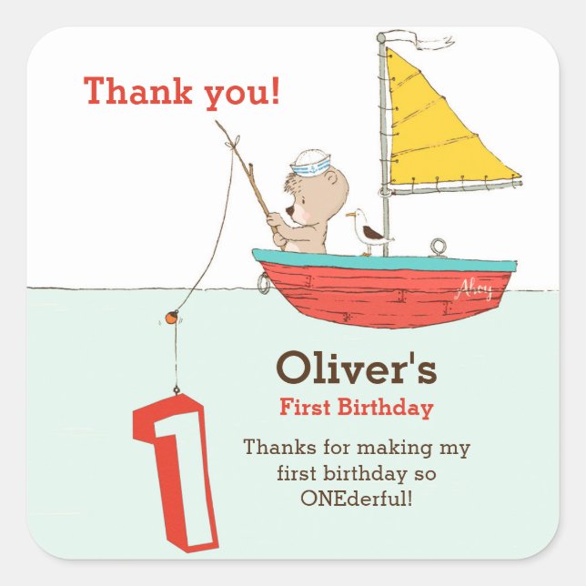 Nautical little sailor bear first birthday square sticker (Front)