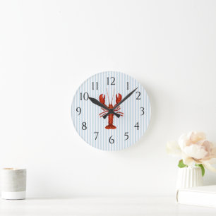 Nautical Lobster Blue Stripe Rustic Decor Round Clock