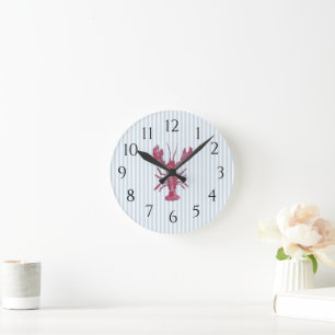 Nautical Lobster Blue Stripe Rustic Decor Round Clock