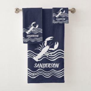 Nautical Lobster Navy Blue white Bath Monogram Towel Set
