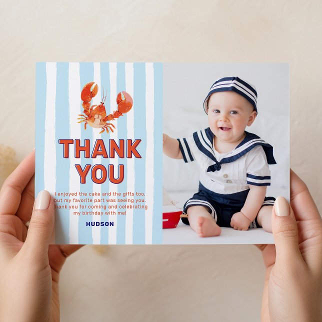 Nautical Lobster Photo Kids Birthday Thank You Card (Creator Uploaded)