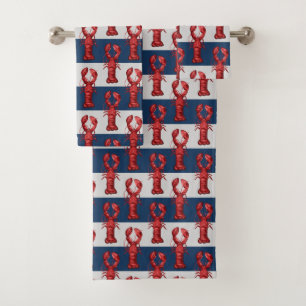 Nautical Lobsters on Navy Blue and Grey Stripes Bath Towel Set