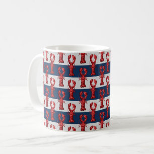 Nautical Lobsters on Navy Blue and Grey Stripes Coffee Mug