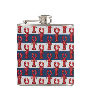 Nautical Lobsters on Navy Blue and Grey Stripes Hip Flask