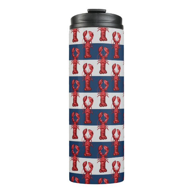 Nautical Lobsters on Navy Blue and Grey Stripes Thermal Tumbler (Front)