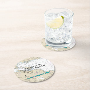 Nautical Logo Latitude Longitude Mackinac Island Round Paper Coaster