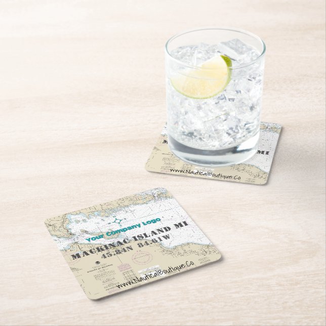 Nautical Logo Latitude Longitude Mackinac Island Square Paper Coaster (Insitu)