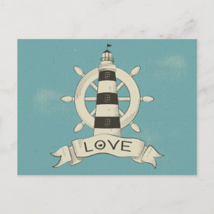 Nautical Love Blue Lighthouse & Ship Anchor Postcard