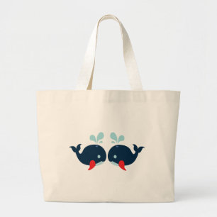 Nautical Love Whales Fish Love - Navy Sailor Beach Large Tote Bag