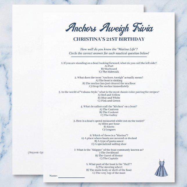 Nautical Marina Trivia Birthday Party Game Sheet (Anchors Aweigh Trivia)