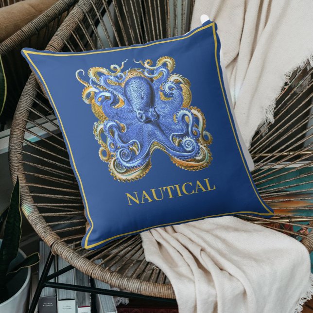 Nautical Marine Blue Octopus Boat Beach House Cushion (Creator Uploaded)