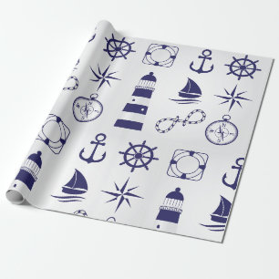 Nautical Marine Elements Navy Blue Coastal Icons Wrapping Paper