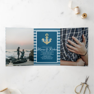 Nautical Marine Foil Anchor Stripes Tri-Fold Invitation
