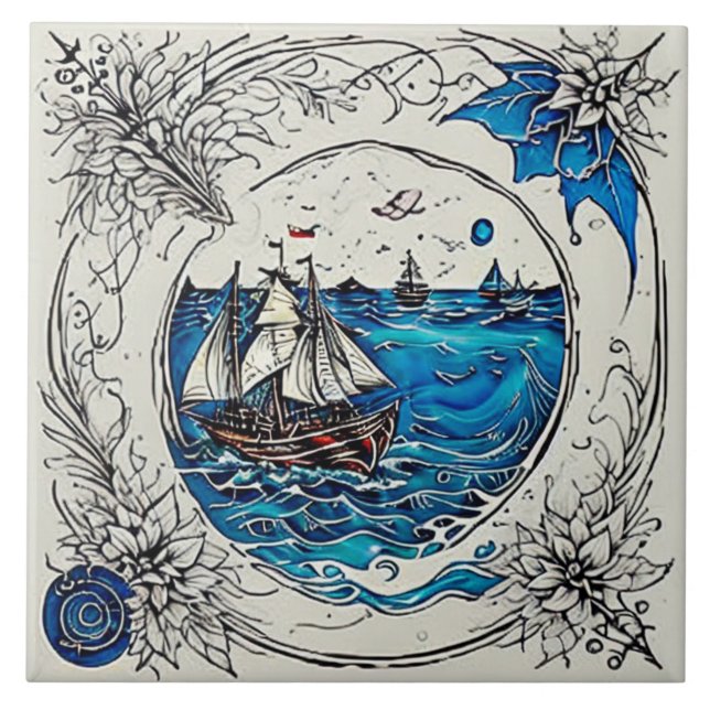 Nautical Marine Life traditional ceramic art no 3 Tile (Front)