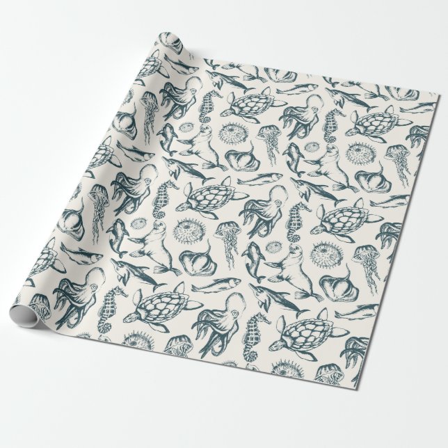Nautical marine life wrapping paper (Unrolled)