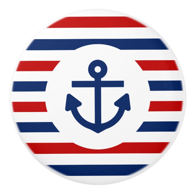Nautical Marine Navy Blue Red White Stripes Anchor Ceramic Knob (Front)