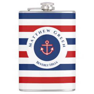 Nautical Marine Navy Blue Red White Stripes Anchor Hip Flask