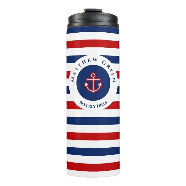 Nautical Marine Navy Blue Red White Stripes Anchor Thermal Tumbler (Front)