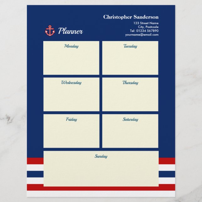 Nautical Marine Navy Blue Red White Stripes Custom Letterhead (Front)