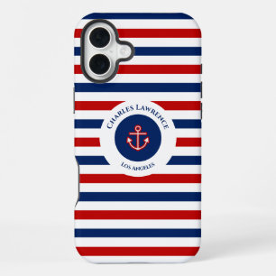 Nautical Marine Navy Blue Red White Stripes iPhone 16 Plus Case