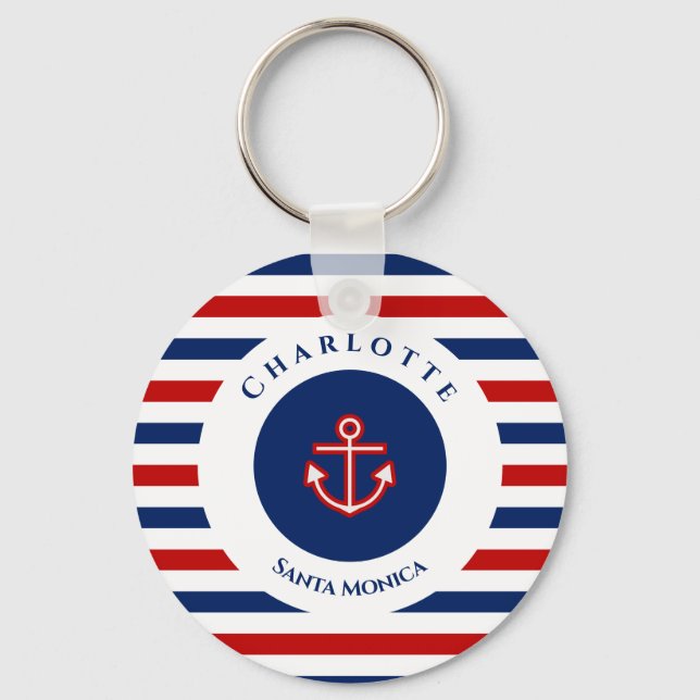 Nautical Marine Navy Blue Red White Stripes Key Ring (Front)