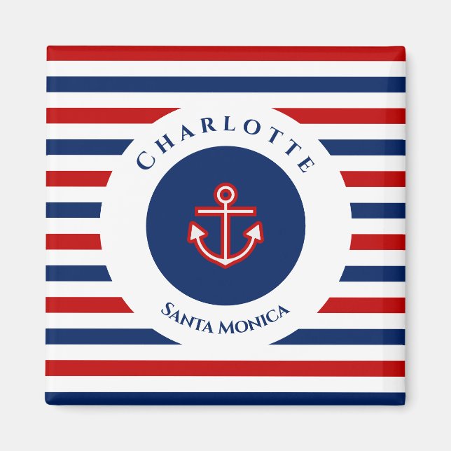 Nautical Marine Navy Blue Red White Stripes Magnet (Front)