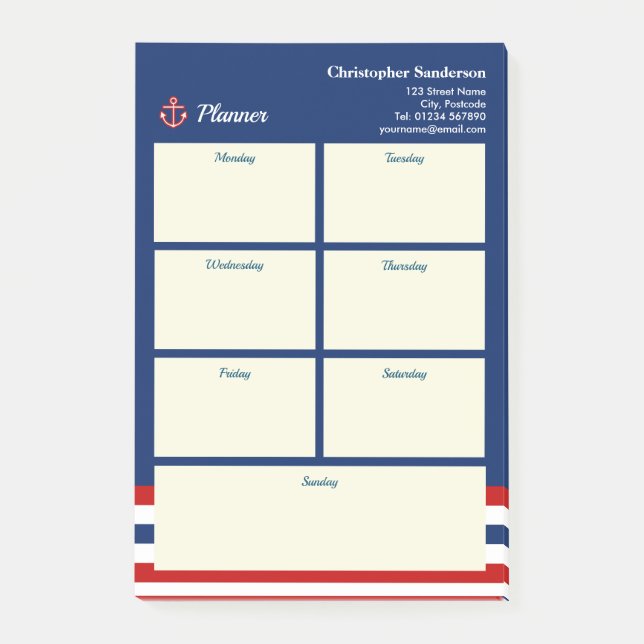 Nautical Marine Navy Blue Red White Stripes Post-it Notes (Front)