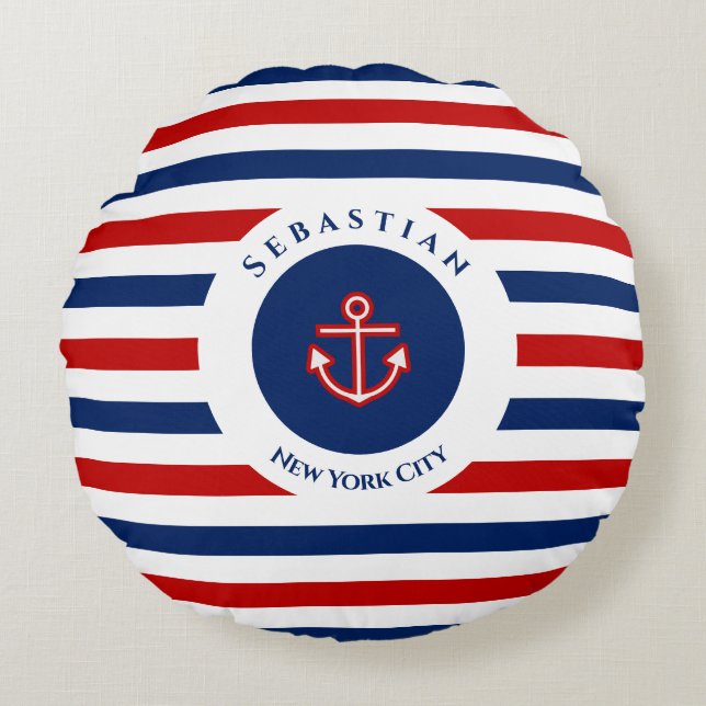 Nautical Marine Navy Blue Red White Stripes Round Cushion (Front)