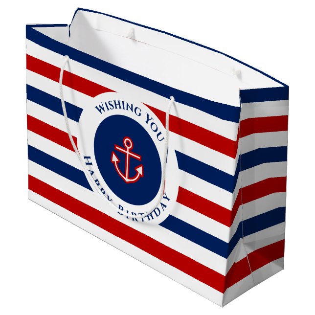 Nautical Marine Navy Blue Red White Stripes Wishes Large Gift Bag (Back Angled)